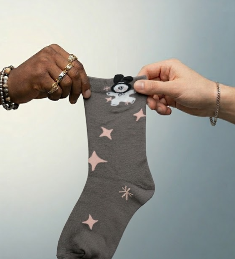 Calcetín gris topo con osito y estrellas rosas Calzzito