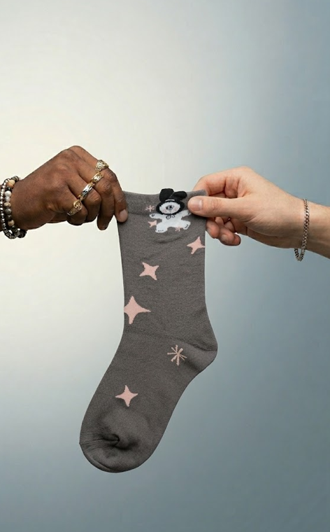 Calcetín gris topo con osito y estrellas rosas Calzzito