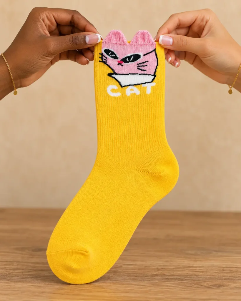 Yellow socks with pink cat and raised ears — held in hands
