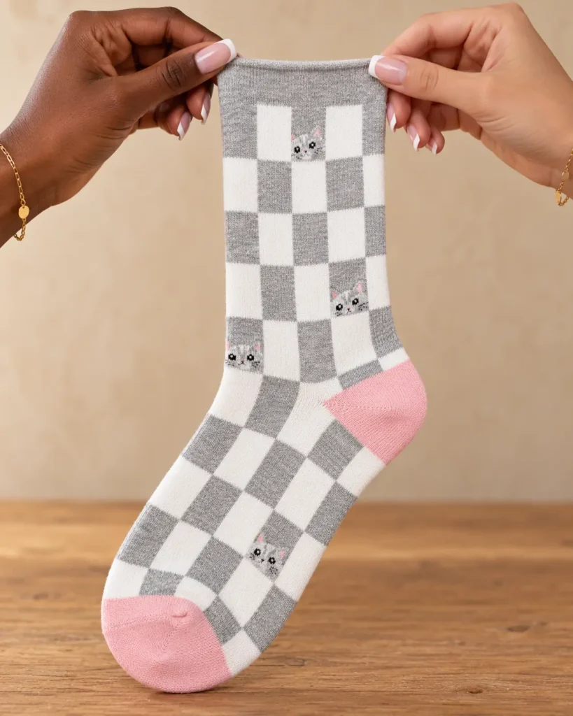 Grey and white checked socks with cats — held in hands