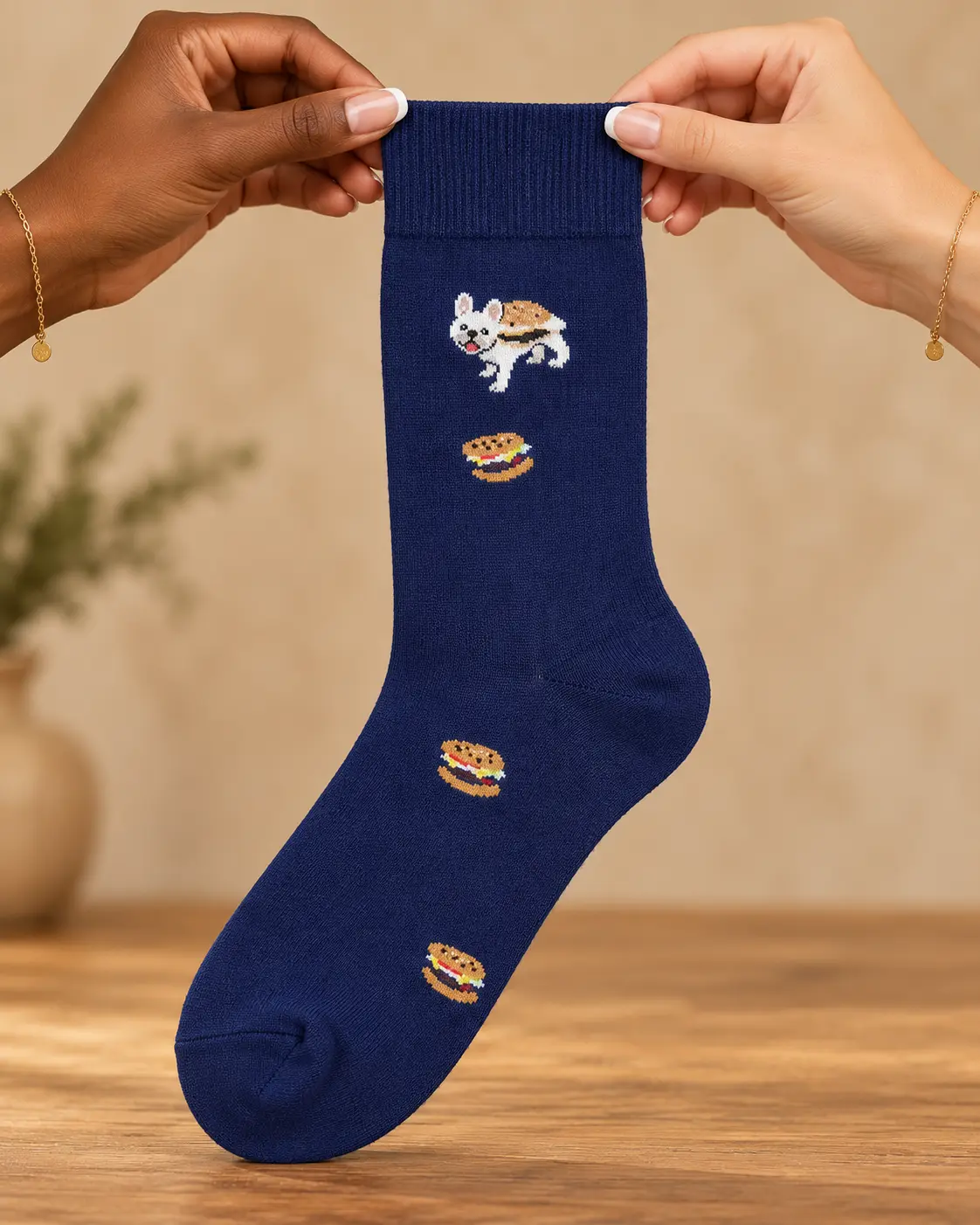 Chaussettes bleues avec chien et hamburgers — tenu entre les mains