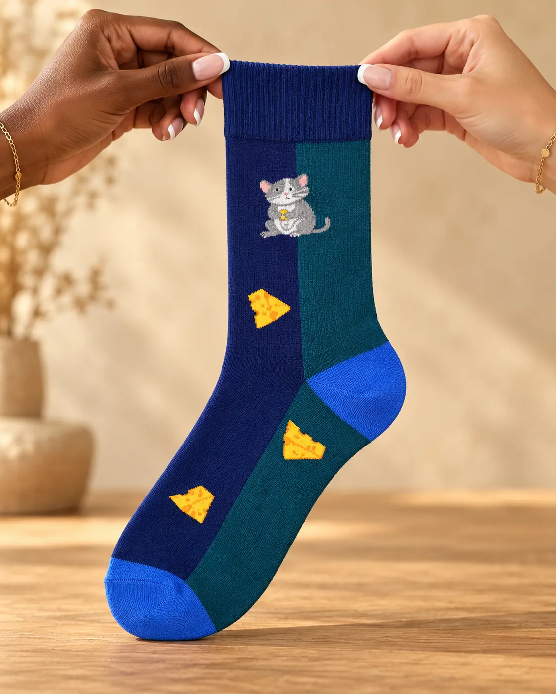 Blue and teal socks with mouse and cheese — held in hands