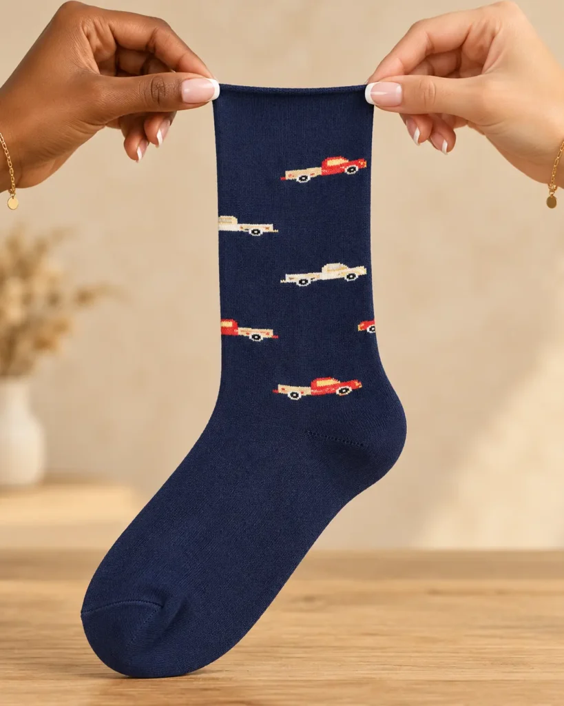 Navy socks with racing cars — held in hands