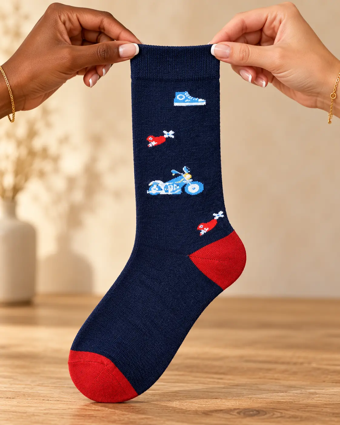 Calcetines azul marino con motos y detalles rojos — sostenido con las manos