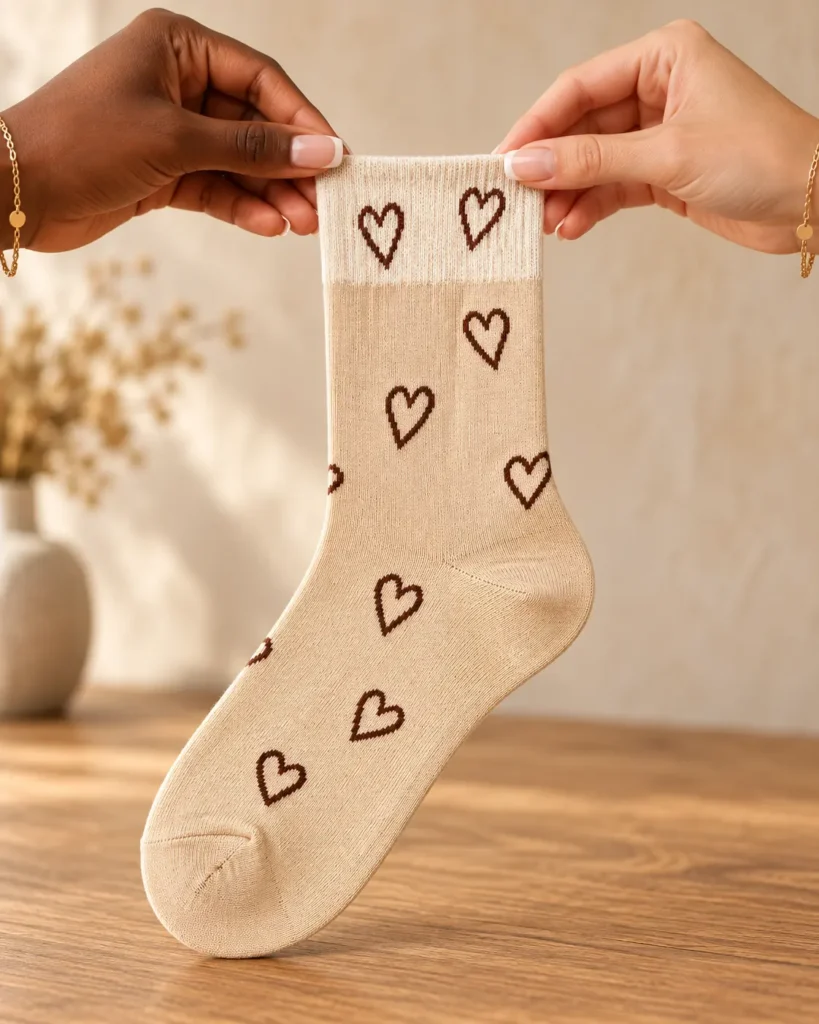 Beige socks with brown outline hearts — held in hands