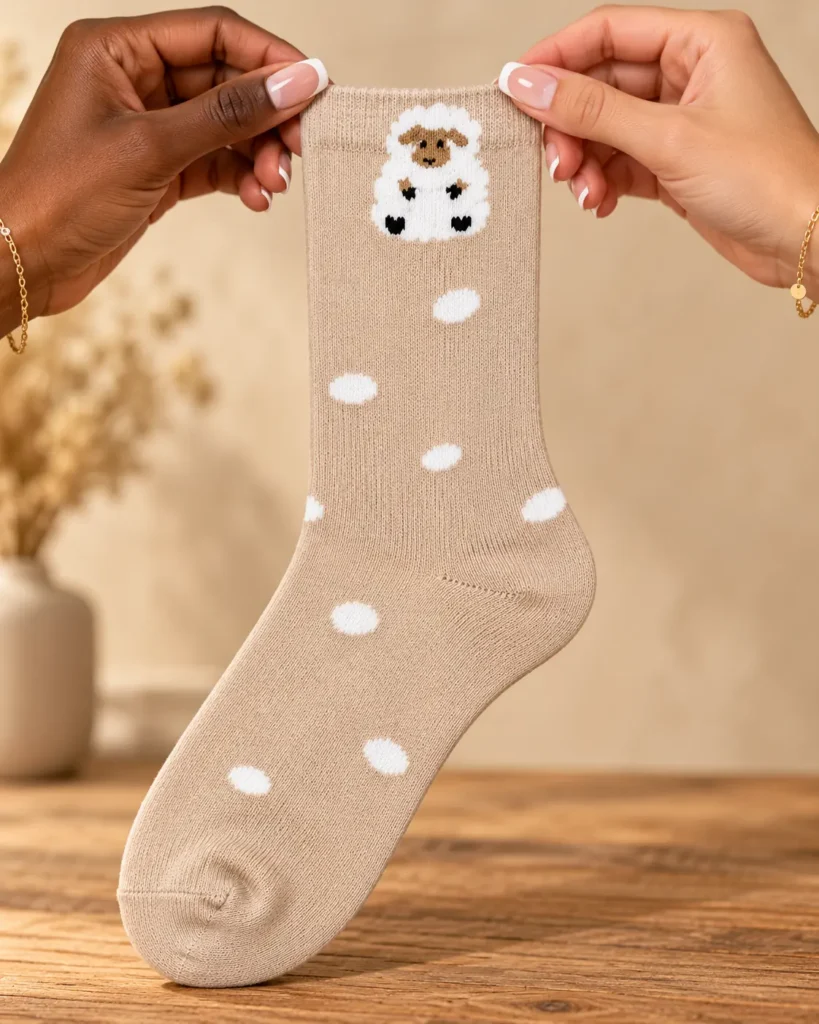 Beige socks with sheep and white dots — held in hands