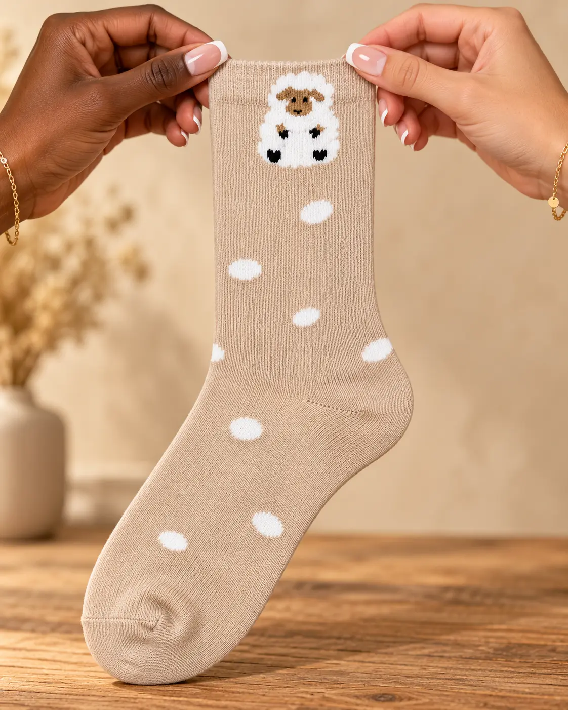 Beige socks with sheep and white dots — held in hands