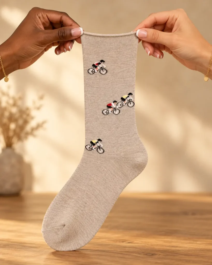 Taupe beige socks with cyclists — held in hands