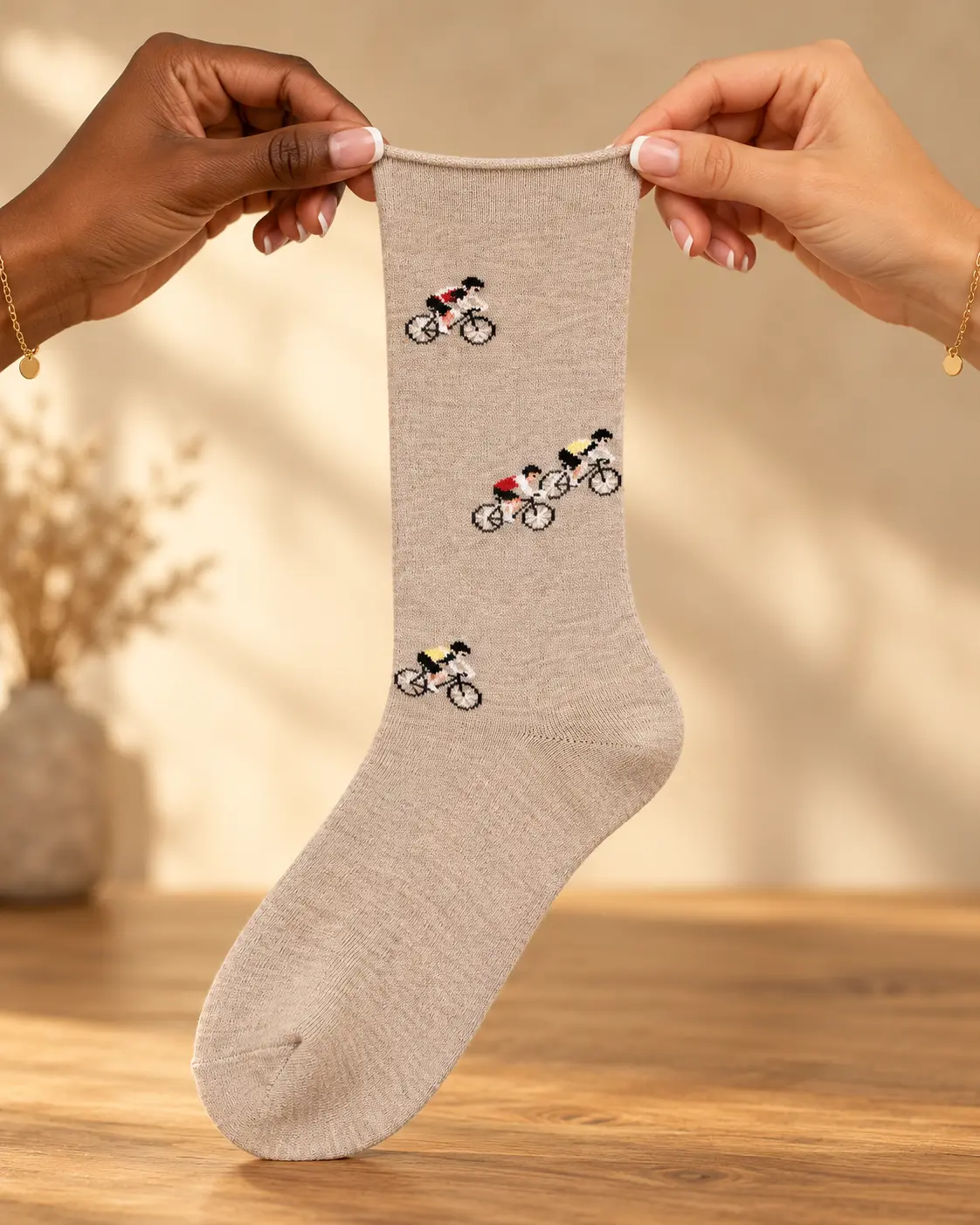 Taupe beige socks with cyclists — held in hands