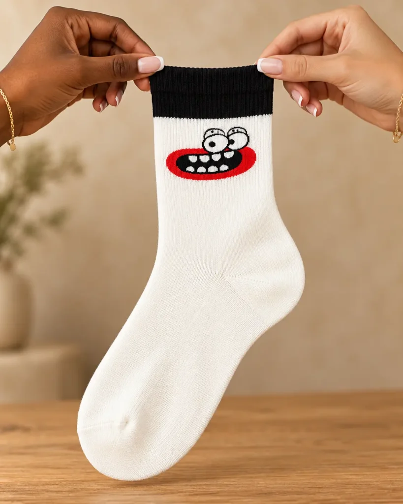White socks with funny face and red mouth — held in hands
