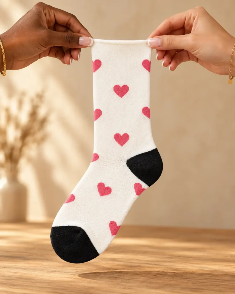 White socks with pink hearts and black details — held in hands