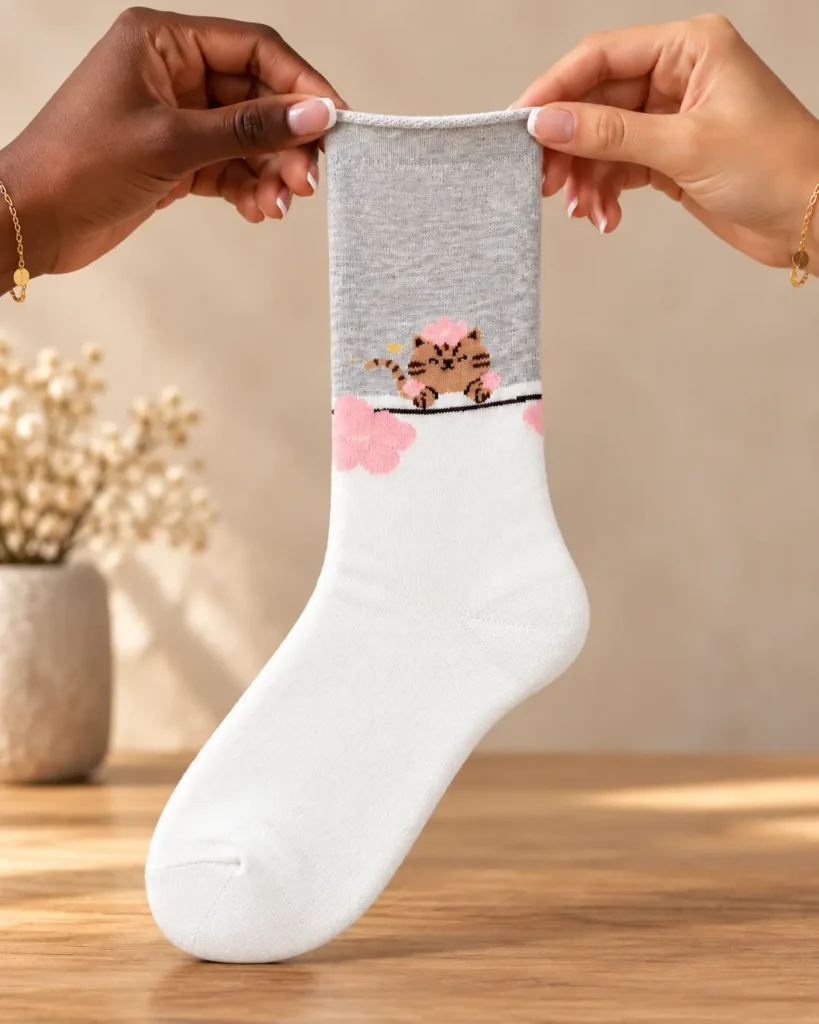 White and grey socks with cat and pink flower — held in hands