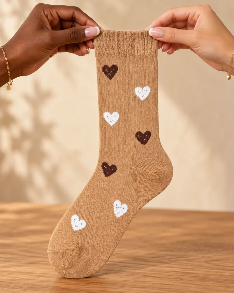 Camel socks with white and chocolate hearts — held in hands