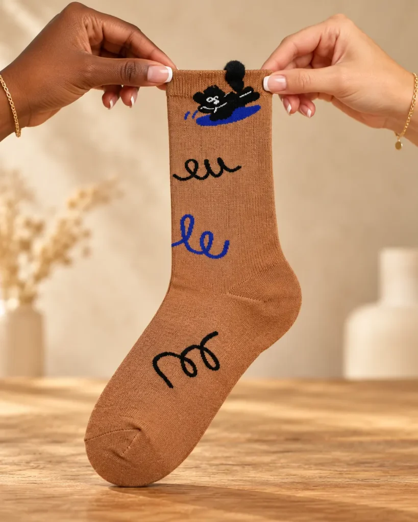 Camel socks with black character and blue lines — held in hands
