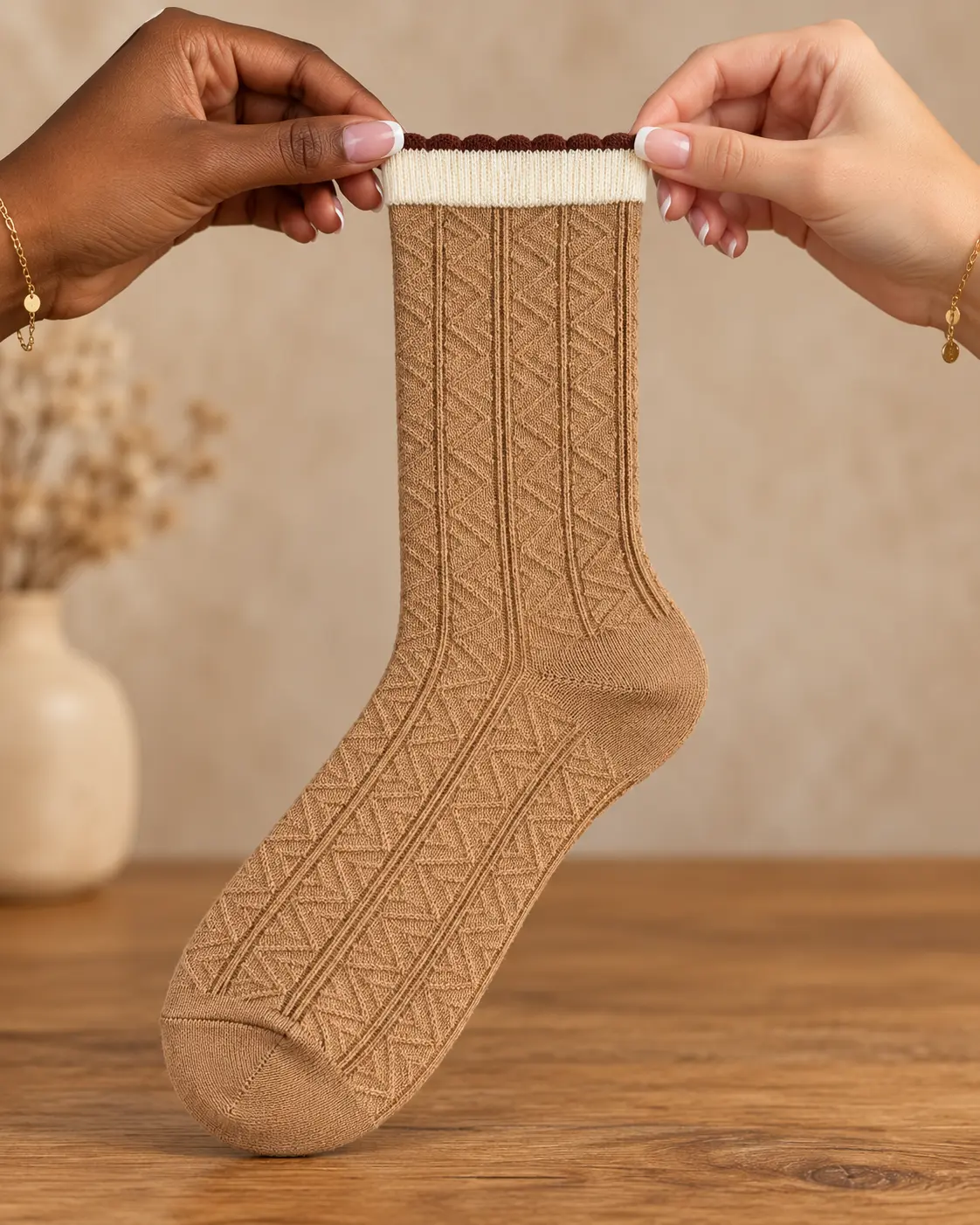 Camel socks with geometric texture and cream trim — held in hands