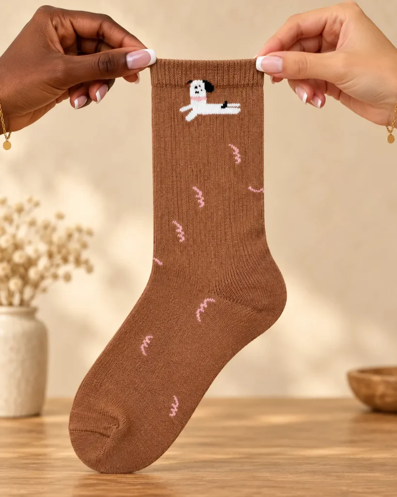 Brown socks with dog and pink details — held in hands