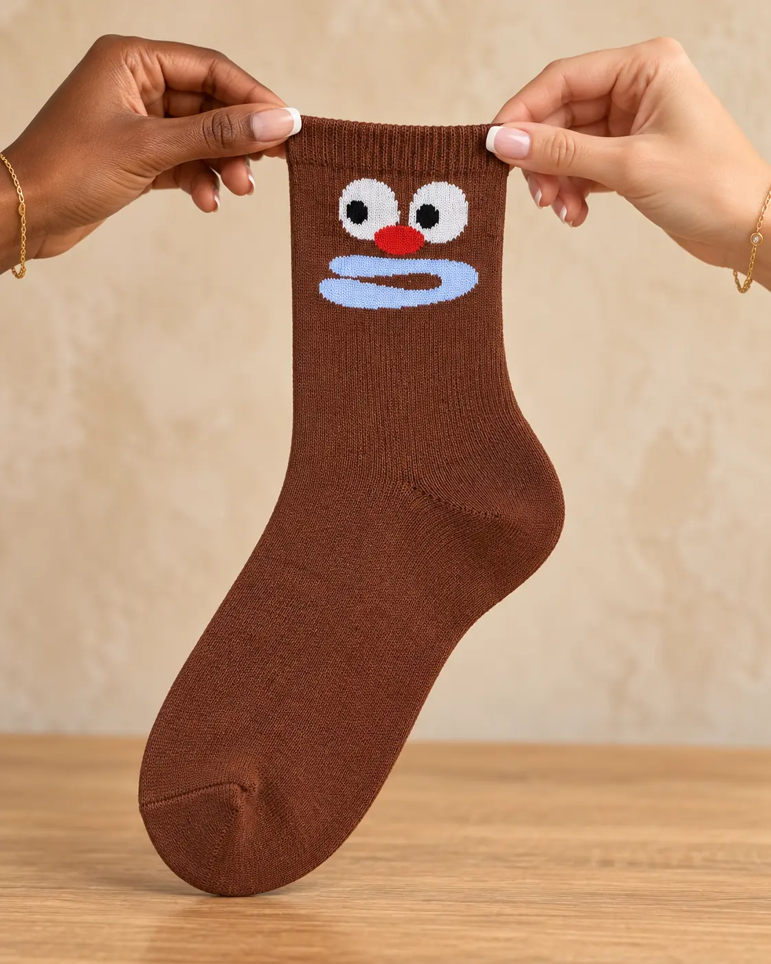 Brown face socks with blue mouth — held in hands