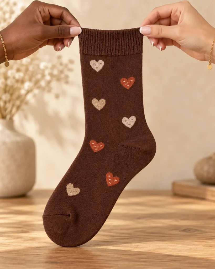 Brown socks with cream and terracotta hearts — held in hands