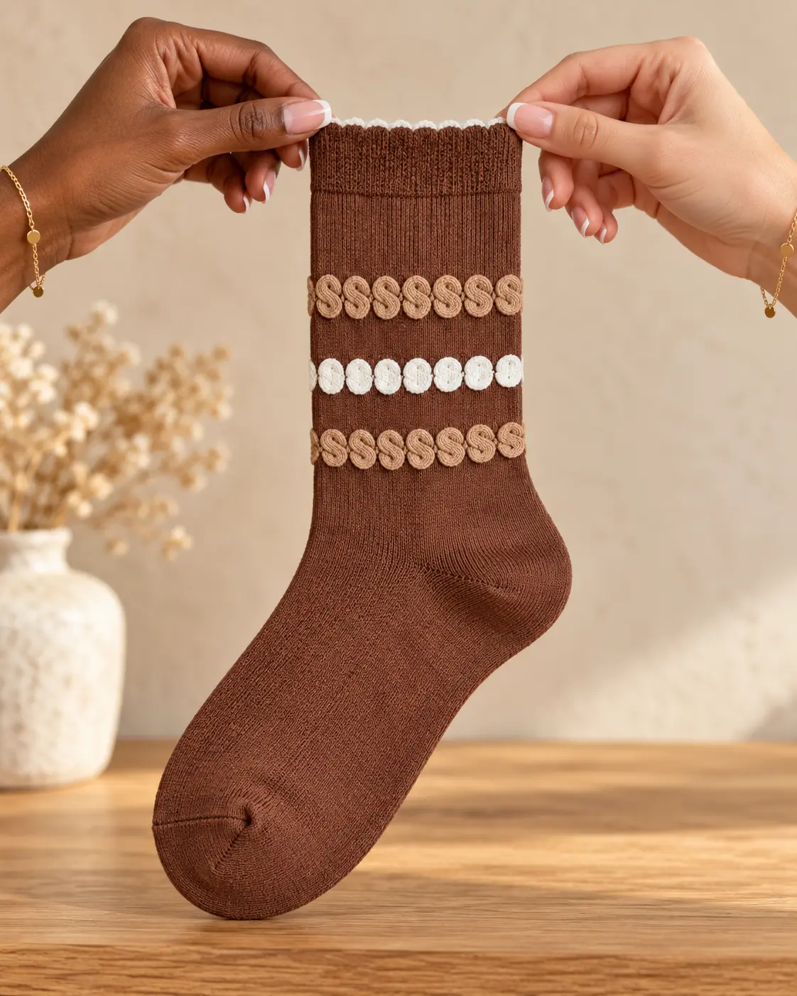 Brown socks with raised loop bands — held in hands