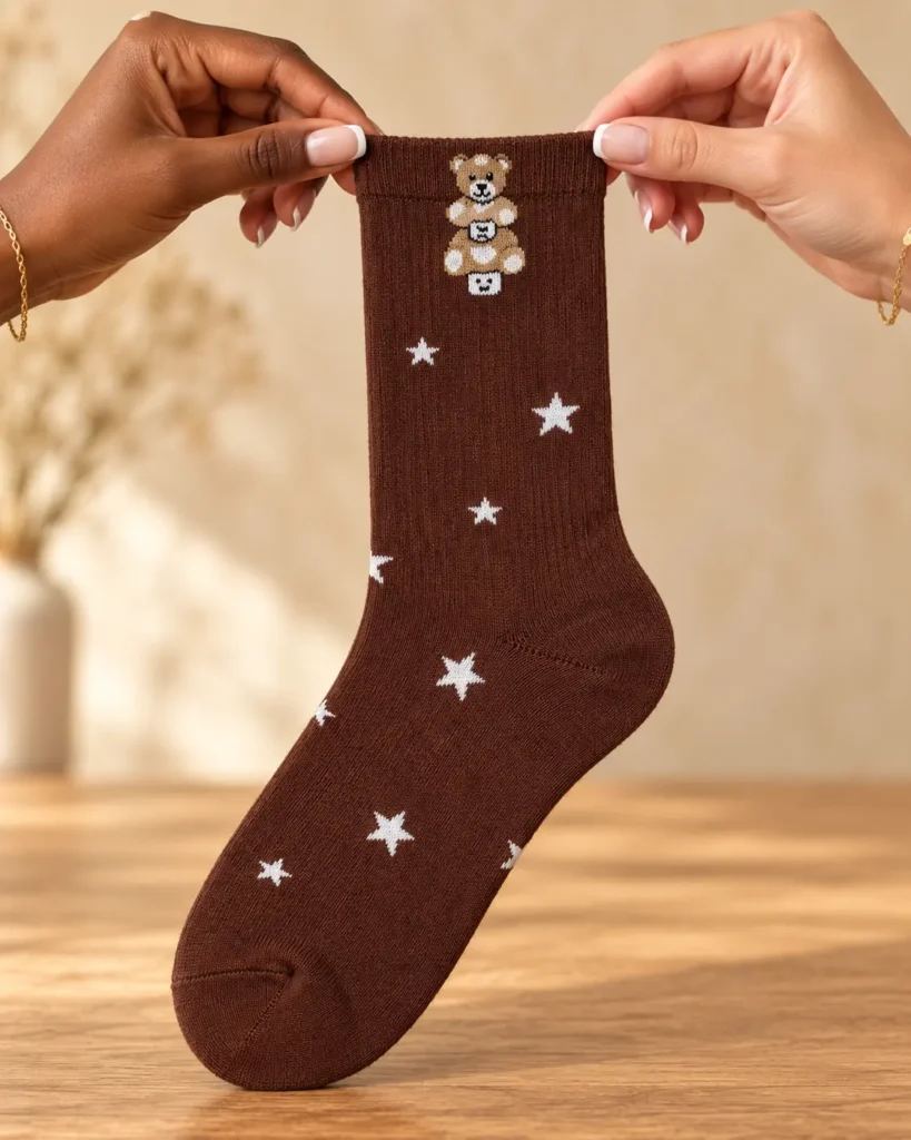 Brown socks with teddy bears and stars — held in hands