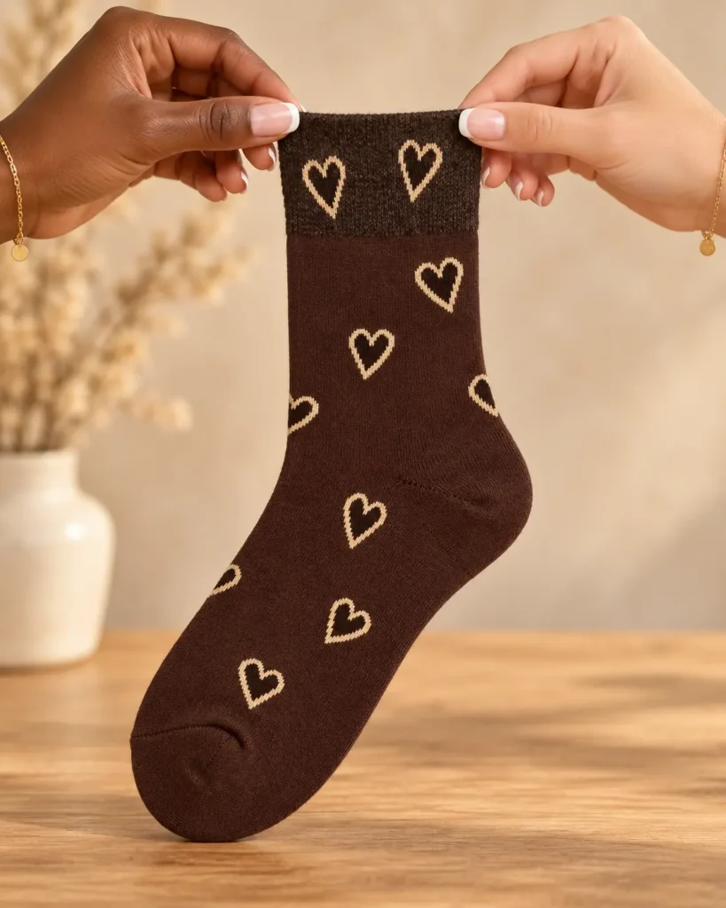 Chocolate socks with beige outline hearts — held in hands