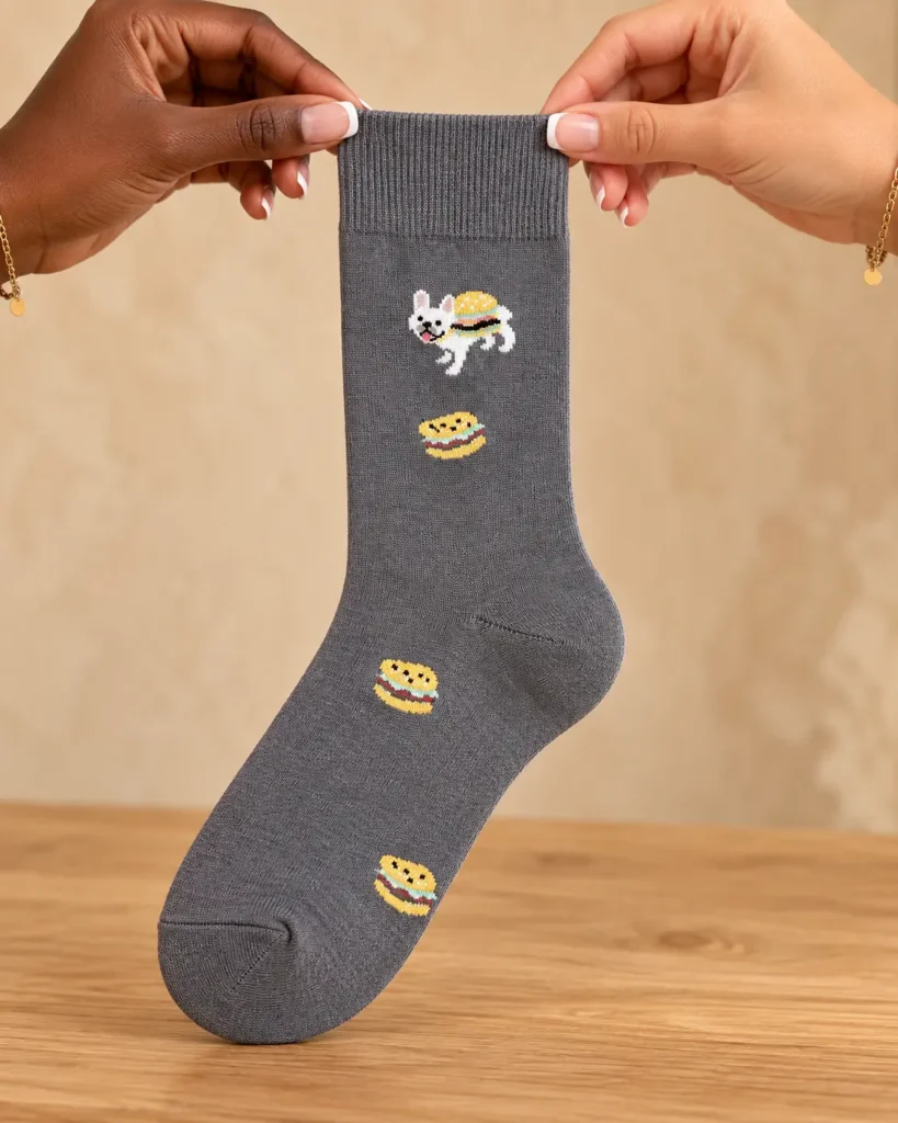 Grey socks with dog and burgers — held in hands