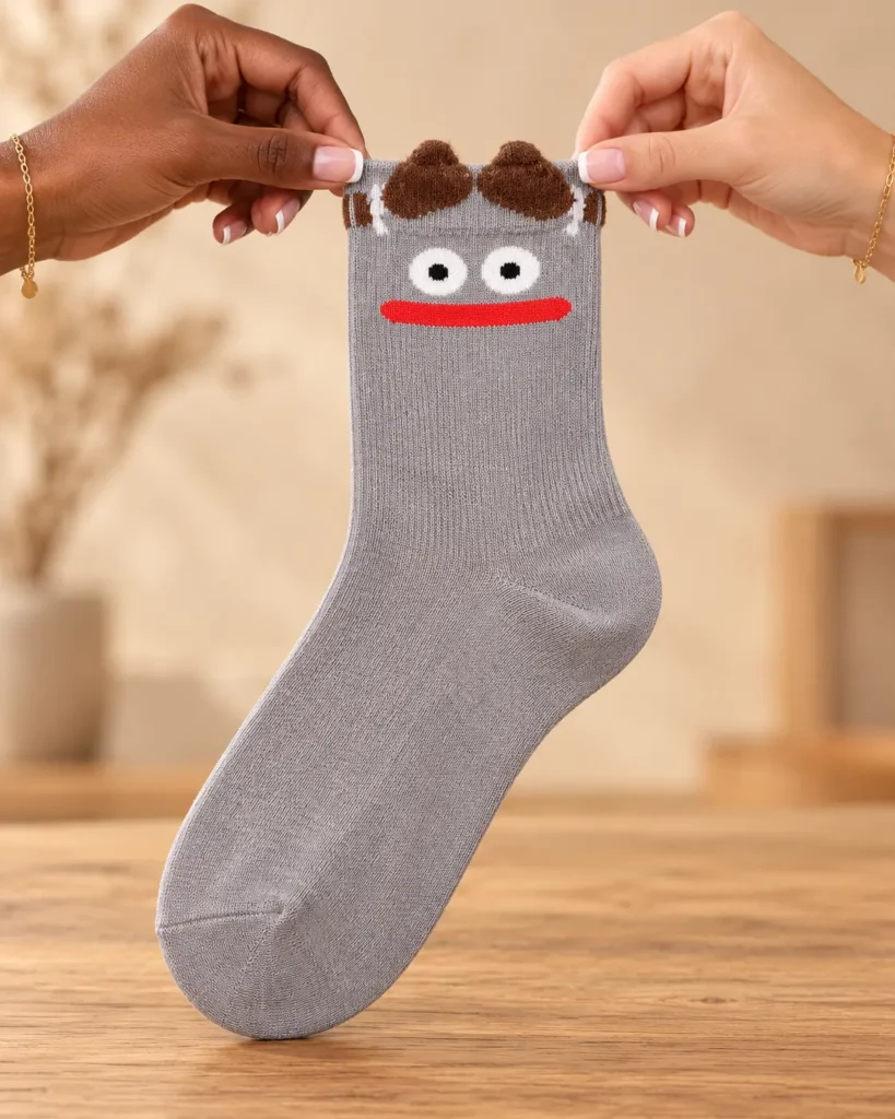Grey face socks with raised brown details — held in hands