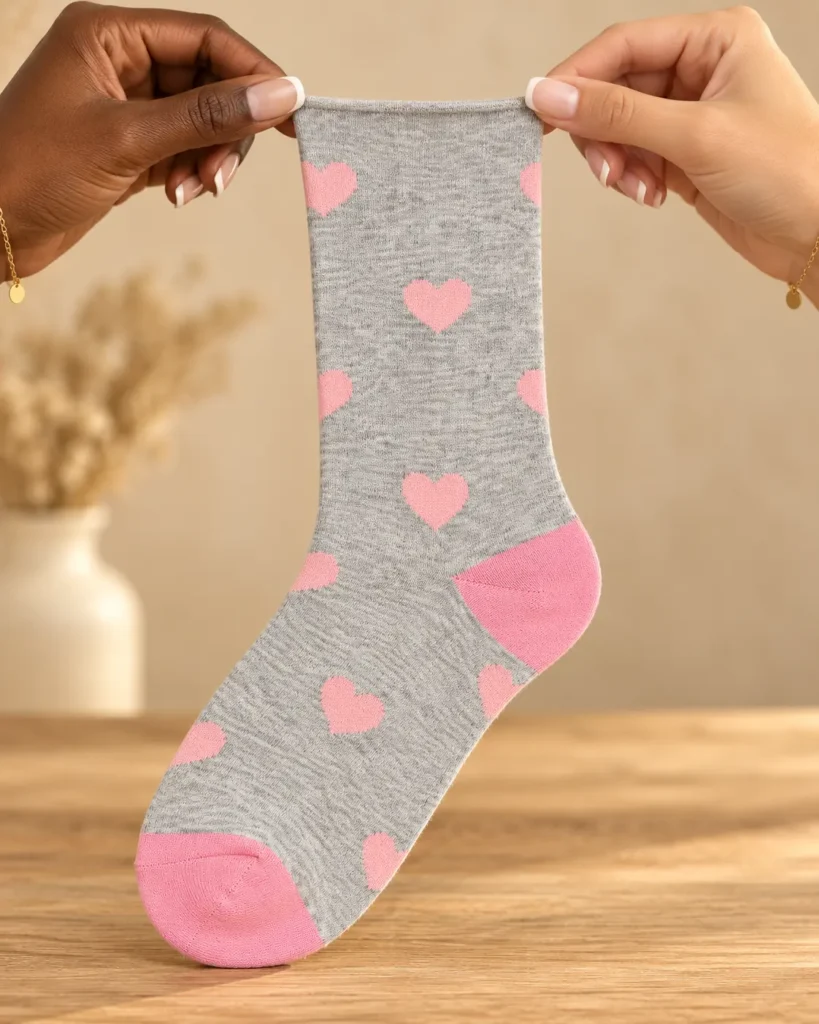 Grey socks with pink hearts and details — held in hands