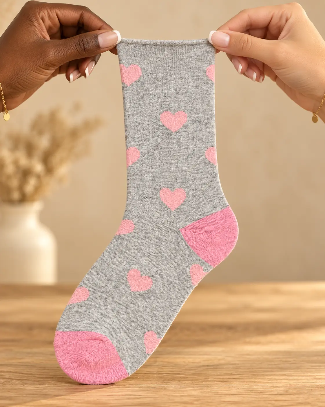 Calcetines grises con corazones y detalles rosas — sostenido con las manos