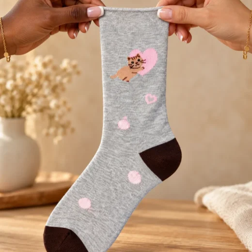 Grey socks with cat, hearts and pink dots — held in hands