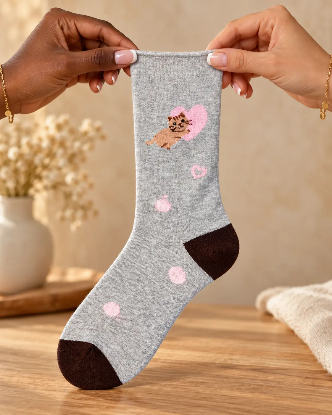 Grey socks with cat, hearts and pink dots — held in hands