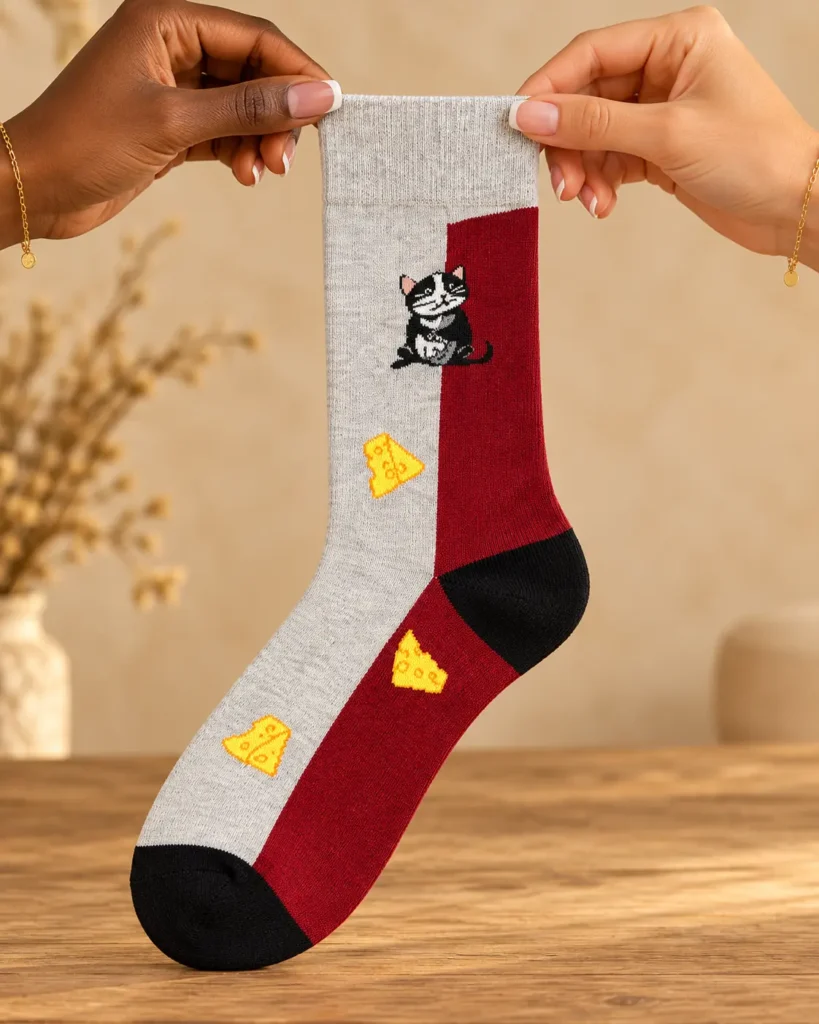 Grey and burgundy socks with mouse and cheese — held in hands