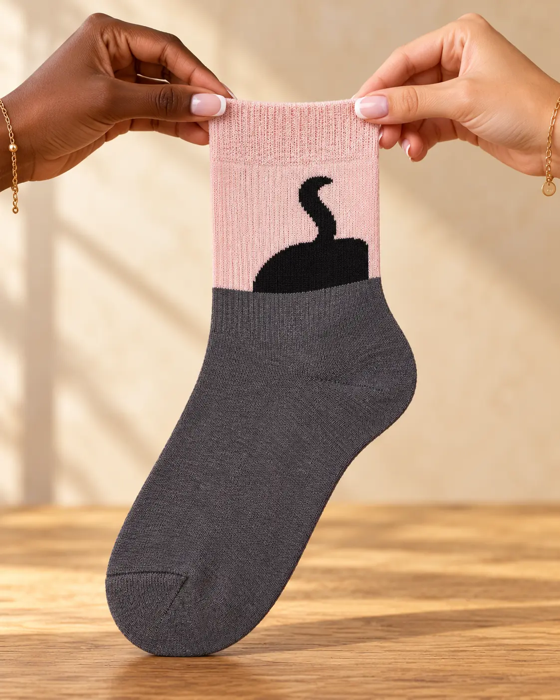 Grey and pink socks with cat silhouette — held in hands