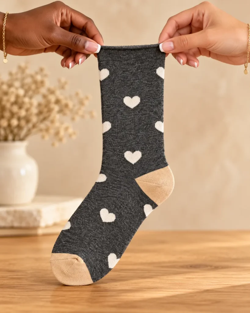Charcoal socks with cream hearts and beige details — held in hands