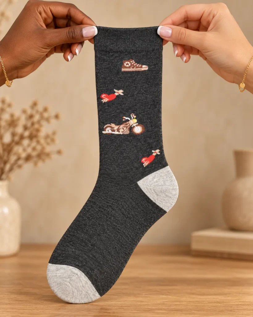 Charcoal socks with brown motorcycles — held in hands