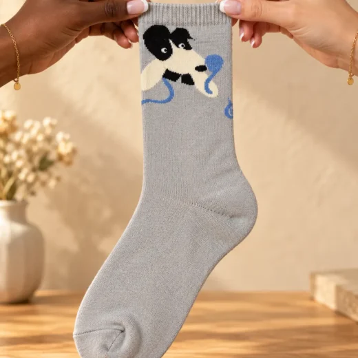 Light grey socks with dog and blue yarn — held in hands
