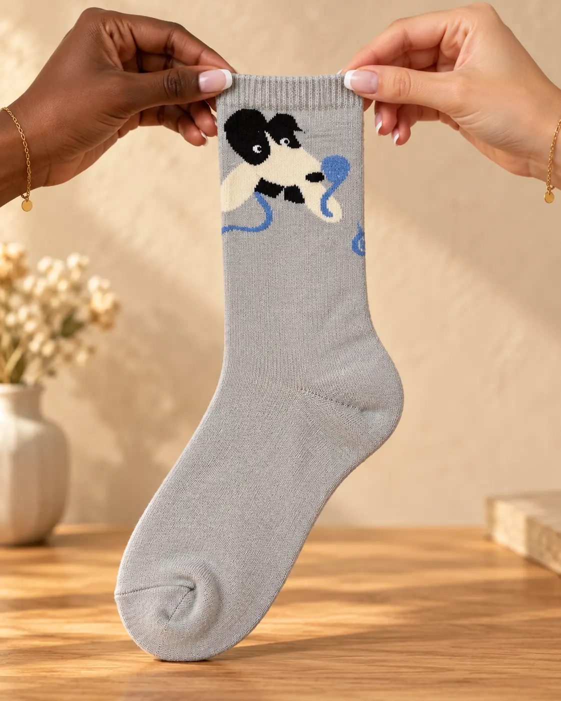 Chaussettes gris clair avec chien et fil bleu — tenu entre les mains
