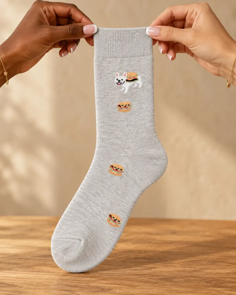 Light grey socks with dog and burgers — held in hands