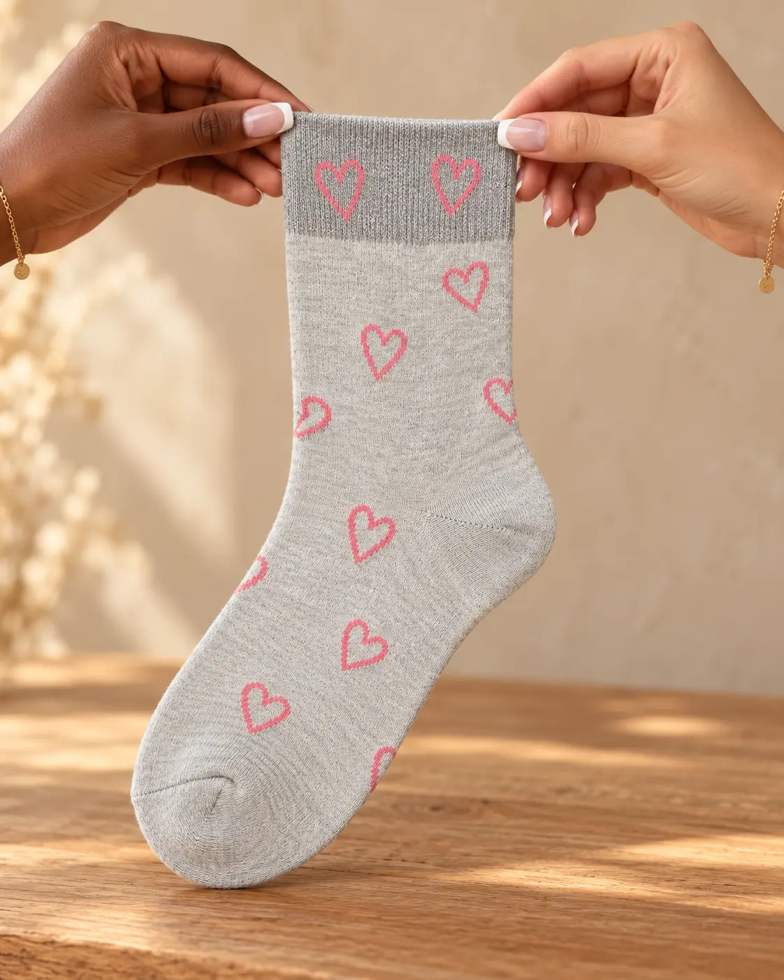 Calcetines gris claro con corazones delineados en rosa — sostenido con las manos