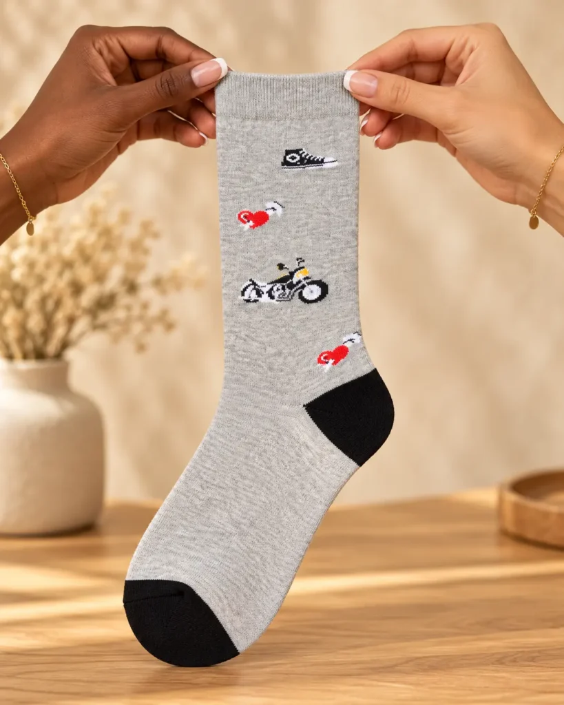 Light grey motorcycle socks with black details — held in hands