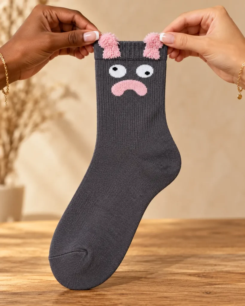 Dark grey face socks with raised pink details — held in hands