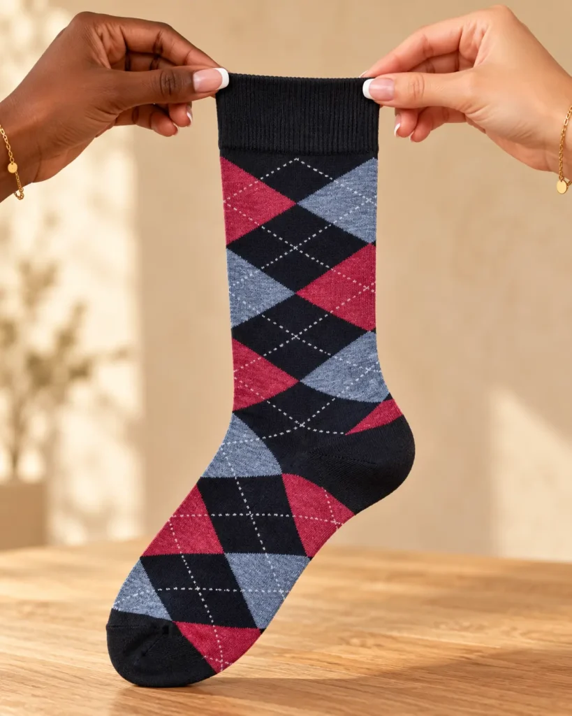 Black socks with blue and burgundy diamonds — held in hands