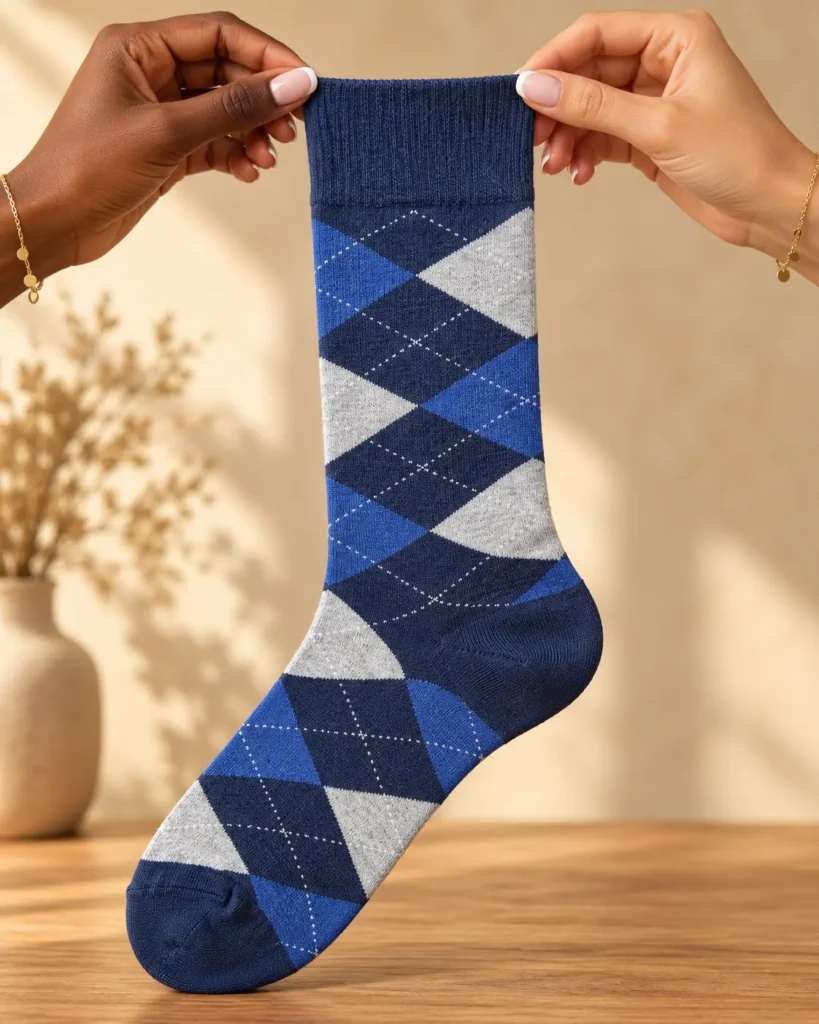 Blue and grey argyle socks — held in hands