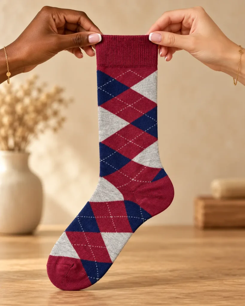 Burgundy, navy and grey argyle socks — held in hands