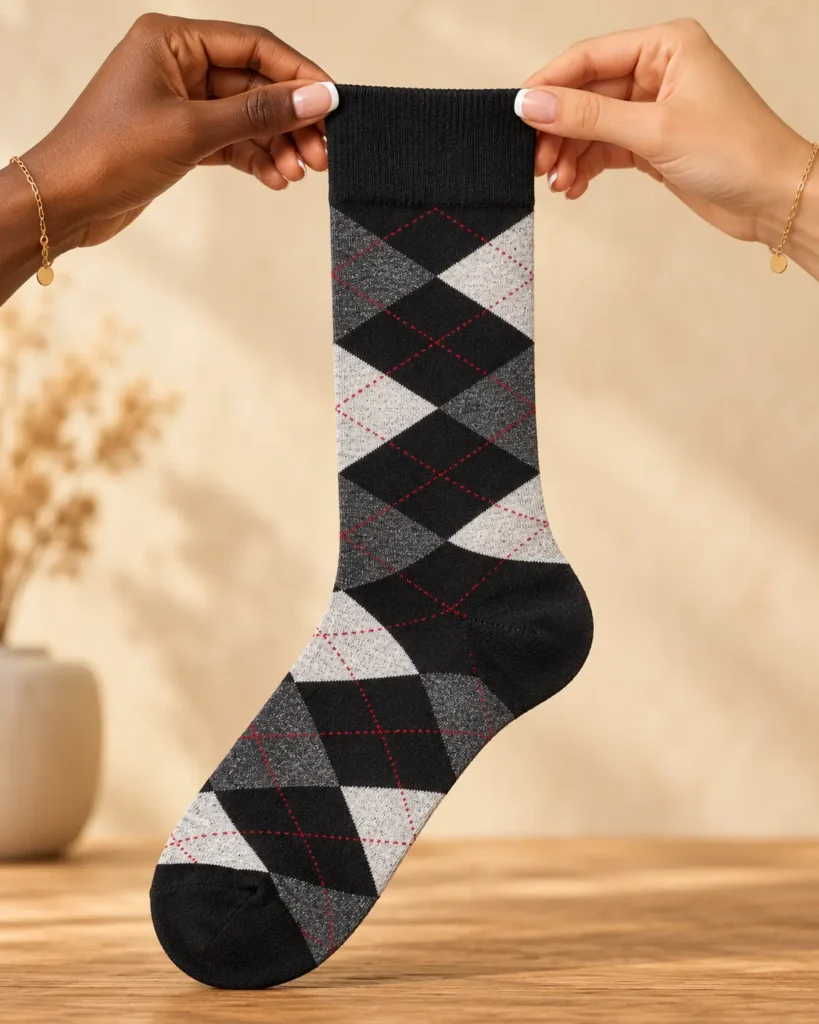 Black and grey argyle socks with red lines — held in hands