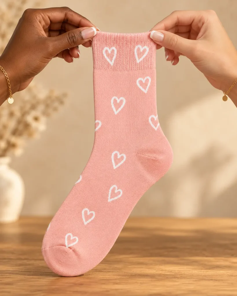 Pink socks with white outline hearts — held in hands