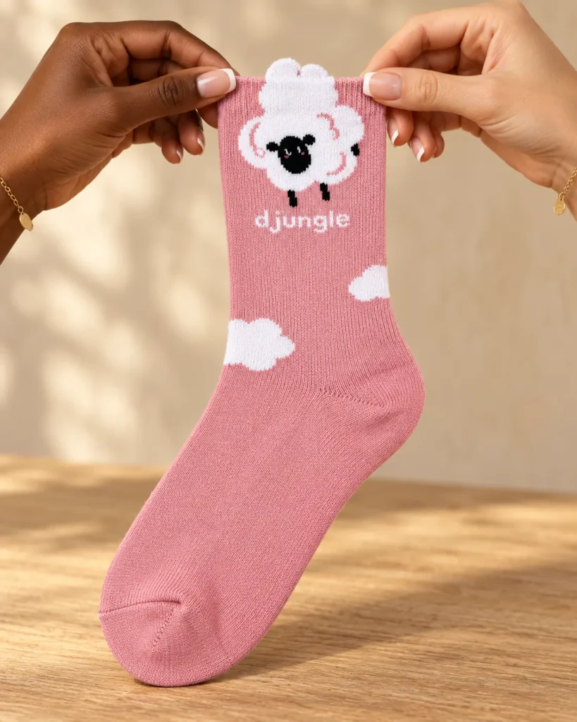 Pink socks with sheep and white clouds — held in hands