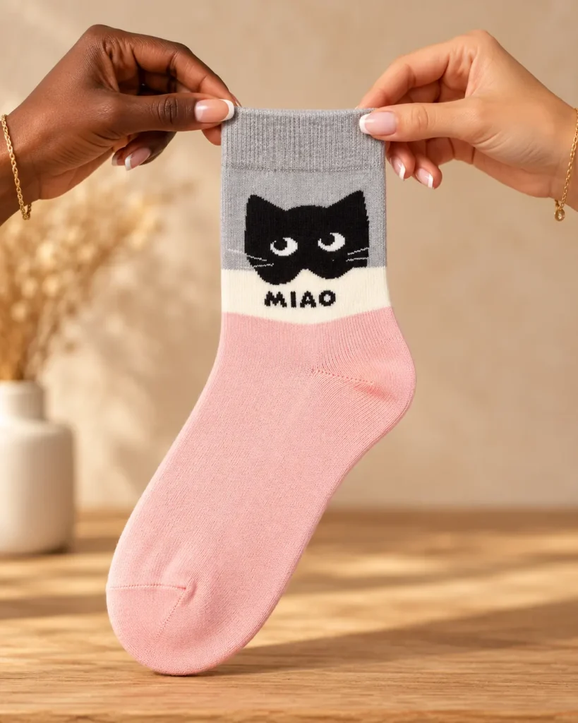 Pink and grey MIAO cat socks — held in hands