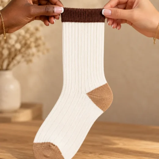Cream ribbed socks with brown details — held in hands