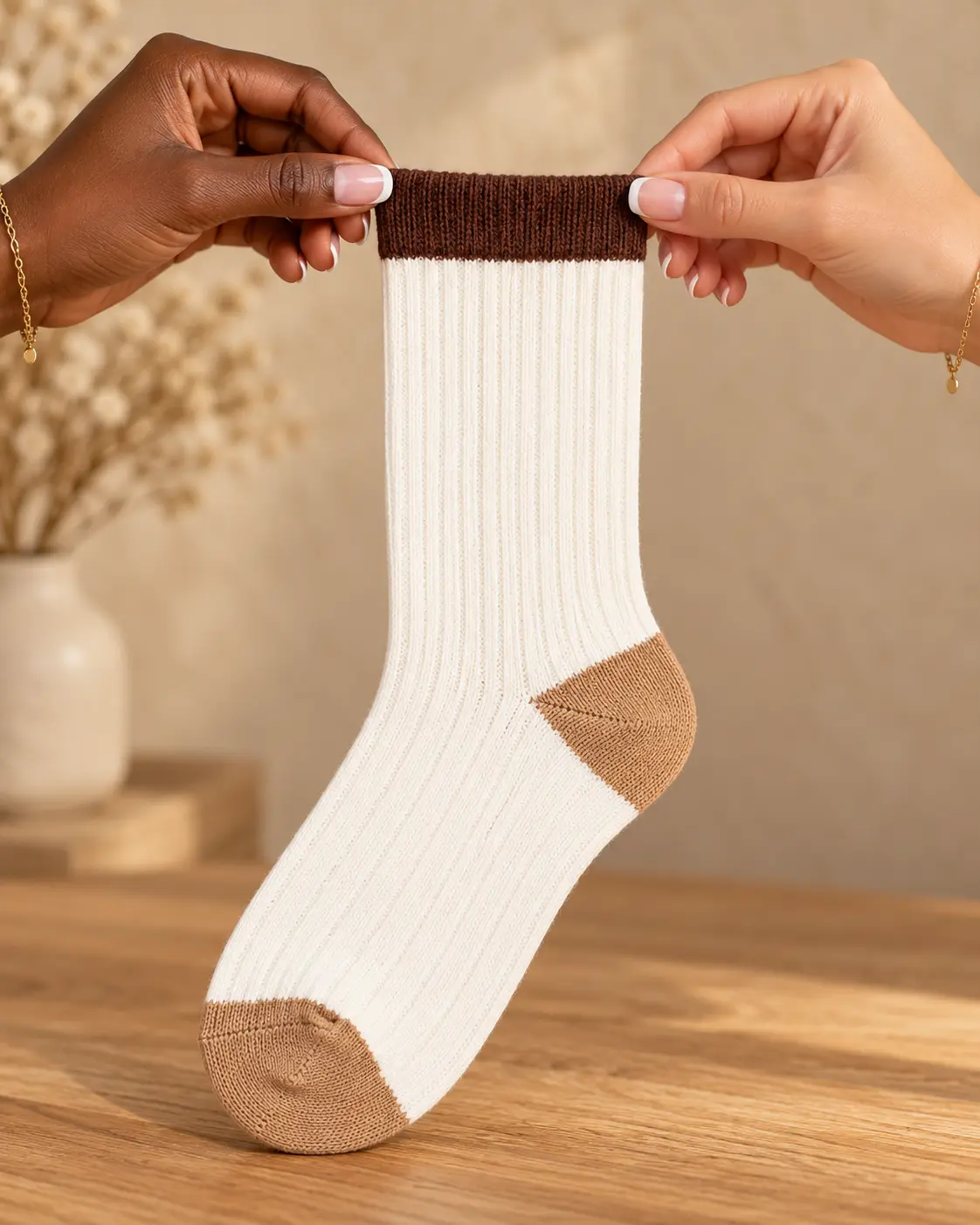 Calcetines crema de canalé con detalles marrones — sostenido con las manos